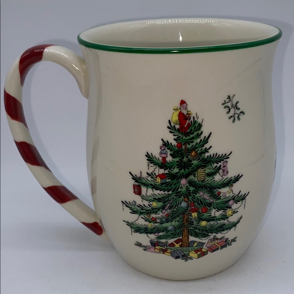 Spode Christmas Tree Coffee Mug Cup with Red Striped Candy Cane Handle Xmas
